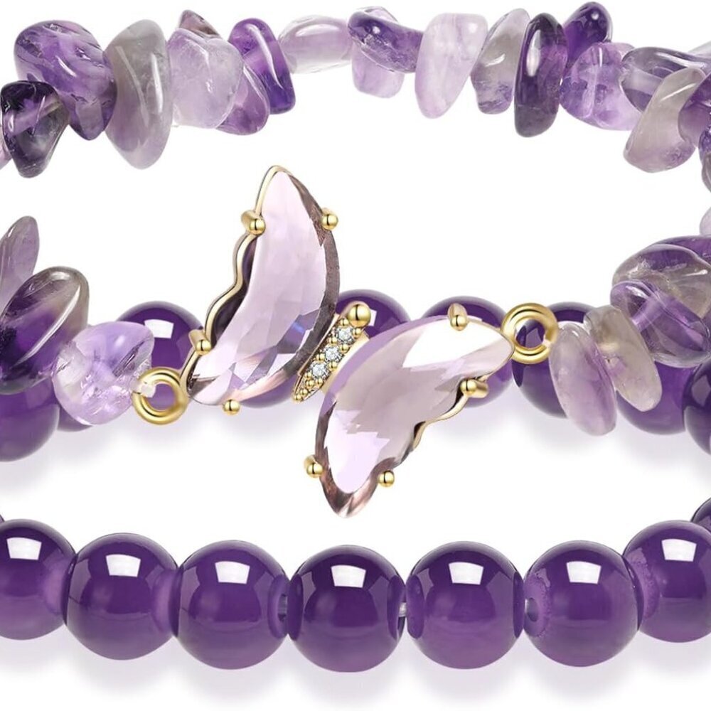 Purple Beaded Healing Bracelet with Butterfly Charm for Women
